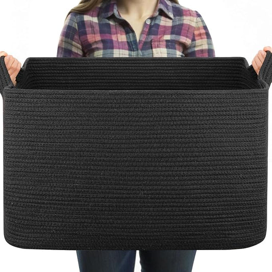 OIASKET 95L Large Blanket Basket, Black Blanket Storage Living Room, Rectangle Woven Baskets for Storage Toys, Towels, Dirty Clothes Organizer Bins (Black)