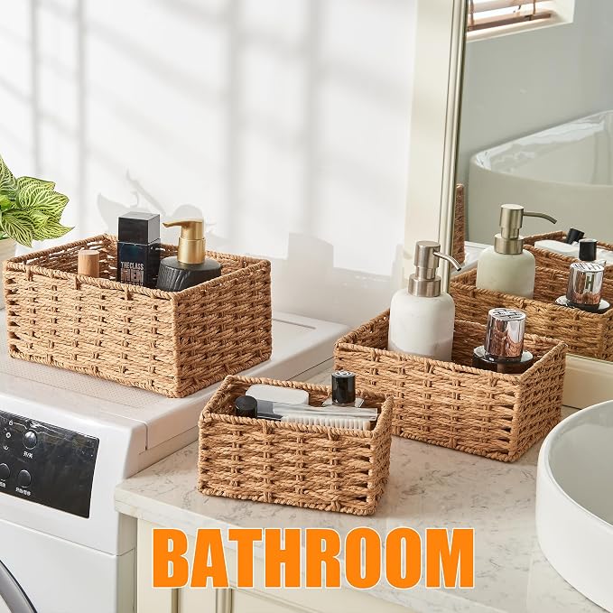 Small Wicker Basket for Organizing, Woven Storage Basket Sets of 3 | Handwoven Natural Paper Rope Baskets to Declutter Any Room, Perfect for Organizing and Home Decor