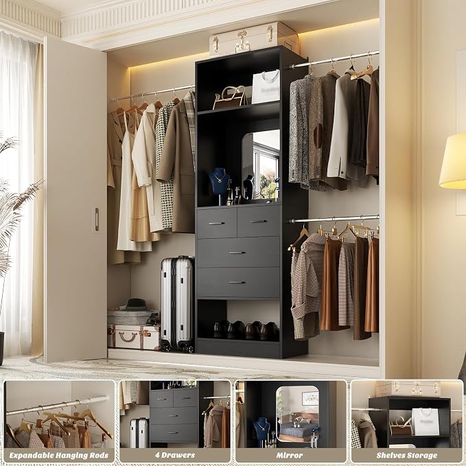 Unikito 8FT Closet System with Mirror and 3 Extendable Hanging Rods, Black | 48" - 96" Walk-in Closet Organizer with 25" Tower, 4 Wood Drawers, Customizable and Cuttable, Heavy Duty Closet Insert