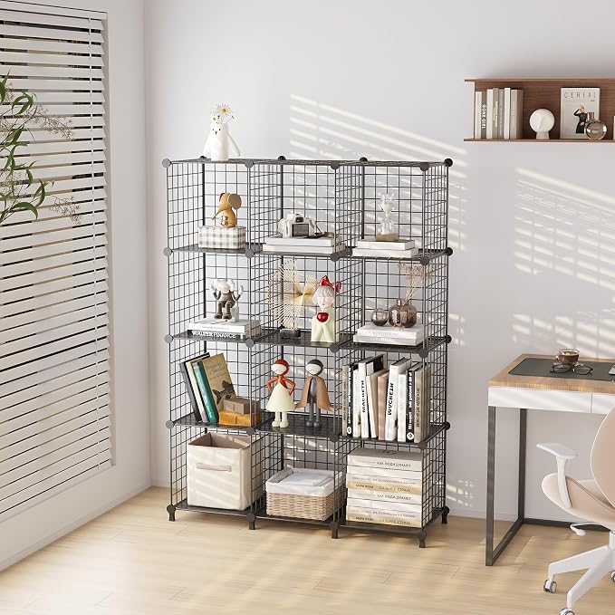 12-Cube Storage Organizer Metal Wire Shelf for Closet Office Black | Sturdy 11.8" metal wire grid, modular snap-together, tool-free. Versatile for bedroom, closet, office, craft, entryway