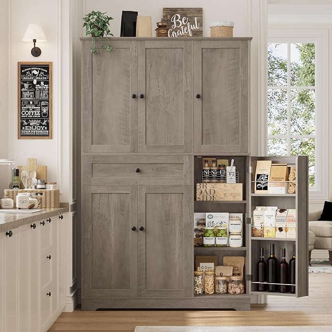 HOSTACK 68" H Kitchen Pantry Storage Cabinet with Doors & Shelves, Ash Gray | Large Pantry Cabinet with Door Rack, Freestanding Kitchen Storage Cabinet with Drawer, Food Pantry for Dining Living room