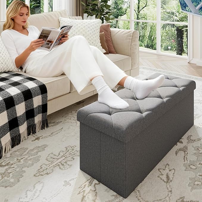 43 Inches Folding Storage Ottoman Bench for Bedroom,660 lb Ottoman with Storage End of Bed Storage Bench,for Bedroom,Living Room,Entryway,Dark Gray（43Wx15Dx15H