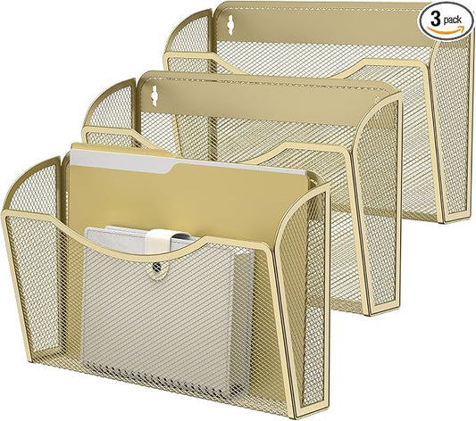 MINDEPOT Wall File Organizer, Hanging Wall File Holder, 3 Pack, Gold | Heavy Duty Iron, Metal Mesh Wall Mount, Single Pocket, Mail Organizer, for Office School Classroom Home, Letter A4 Size