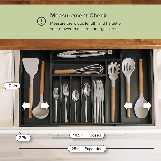 KitchenEdge Silverware & Utensil Drawer Organizer, 14.5-25 in, Black Bamboo | Cutlery, flatware, food-safe contract grade, kitchen drawer fit