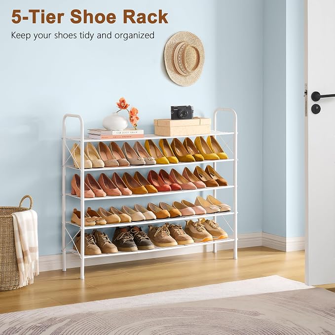 Hoctieon 5 Tier Shoe Rack for Closet, Durable Mesh Style Shoe Rack, Entryway Shoe Shelf, Shoe Storage Organizer for Hallway, Bedroom, Living Room, Wardrobe, White