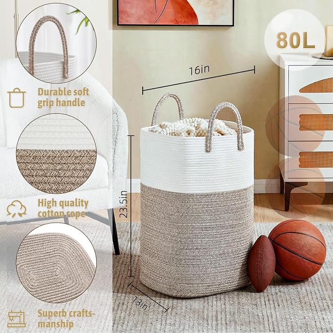 Artfeel Laundry Basket,Woven Cotton Rope Laundry Hamper,60L Versatile Storage for Dirty Clothes,Baby Toys,and Blankets in Bathroom, Nursery,and Living Room