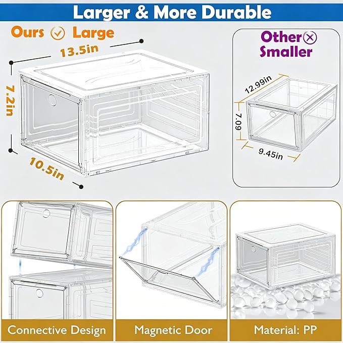 Sturdy Clear Shoe Organizer with Magnetic Door, Stackable Shoe Storage Box | Thick Plastic Shoe Storage for Sneakers & Boots, Collapsible Closet Shoe Rack and Clear Shoe Box, 6 Pack White