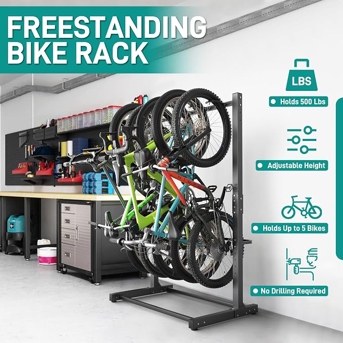 EVERHANGER Freestanding Bike Rack, Vertical Bike Rack Stand for Garage, Bicycle Storage Organizer, Holds Up to 5 Bikes