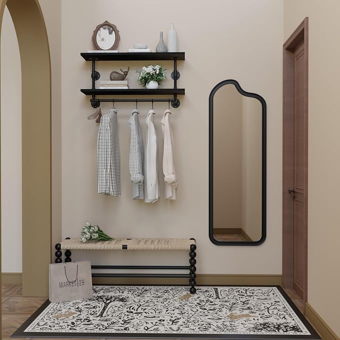 Clothes Rack 36in, 2-Tier Wall Mounted Garment Rack with Real Wood Shelf, Heavy Duty Hanging Clothes Rack, Multi-Purpose Hanging Rod, Space-Saving Closet Storage