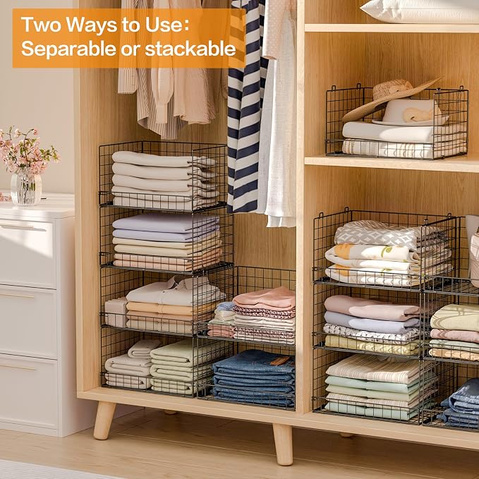 Yociyoga 6-Tier Stackable Closet Organizers and Storage Shelves, Closet Shelf Organizer Basket Bins, Foldable Sweater Storage for Clothes Organizer System, Black（Patent No. 30022416）