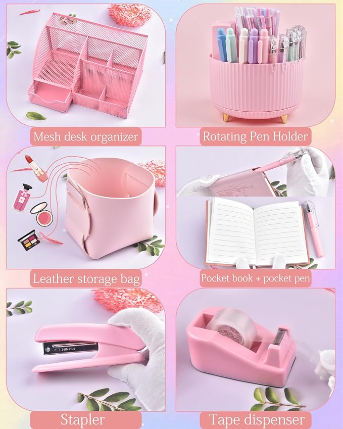 Pink Desk Accessories and Organizers with Desk Organizer and 360°Rotating Pen Holder stapler Pen and a Lot of Office Pink Office Supplies Beautifully Presented in a Gift Box