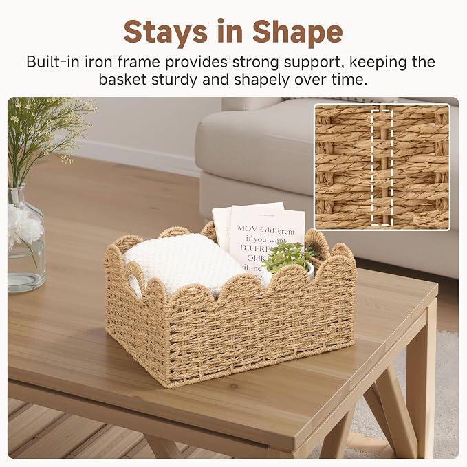 StorageWorks Scalloped Wicker Basket, Woven Baskets for Storage, Large Baskets with Handles, Paper Rope Basket for Organizing and Decor, 2 Pack