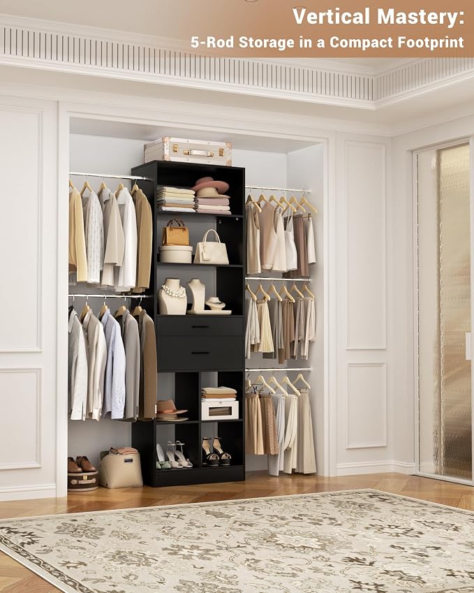 Besiost Small Closet System, 3.2-6.8FT Small Closet Organizer with 5 Hanging Rods, Can Fit 37.5 to 81.9 inch Walk-in Closet System, Built-in, Black, Enclosed Storage Volume 2.32 ft³