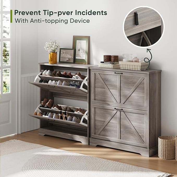 Smart FENDEE Shoe Storage Cabinet with 2 Flip Drawers, Farmhouse Narrow Shoe Cabinet Storage for Entryway, Slim Shoe Rack Cabinet with Wooden Feet, Gery
