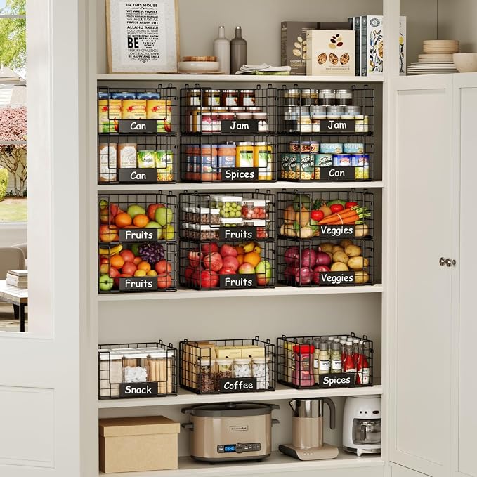 3 Pack XL Stackable Wire Baskets with Handle, Pantry Organizers and Storage | Snack Organizer & Vegetable Basket & Metal Pantry Bin & Fruit Basket for Kitchen Counter
