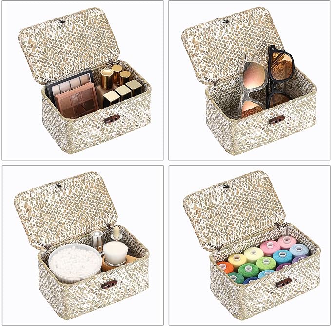 Hipiwe Mini Seagrass Shelf Basket with Lid Decorative Woven Box, 7x4.3x3.3" | Wicker Storage Bins for Shelf Home Decor, Multipurpose Desktop Basket Organizer for Keys Remote Control, Whitewash