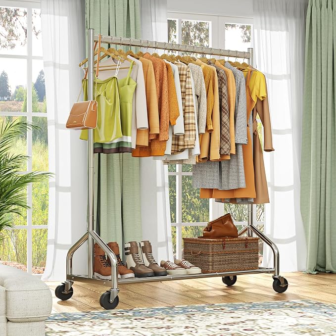 Simple Trending Heavy Duty Clothes Rack, Portable Closet, 420 LBS, Silver | Clothing Rack With Mesh Shelf, Industrial Garment Rack, Wardrobe Closet, 360°Lockable Wheels, for Bedroom, Laundry Room