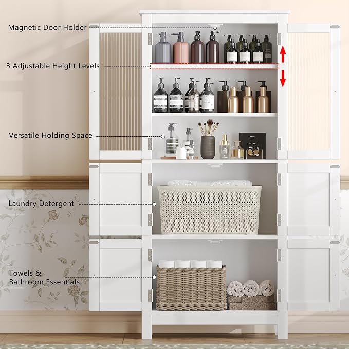 Akxomel 53.1" H Tall Bathroom Storage Cabinet, Bathroom Floor Cabinet with 6 Doors and Adjustable Shlef, Linen Cabinet, Pantry Cabinet for Living Room, Kitchen, Entryway, White