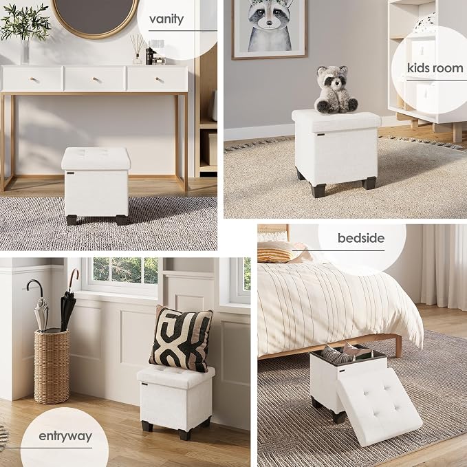 Storage Ottoman Cube with Small Bin, 15-in Square Ottoman with Storage for Living Room and Bedroom, Small Ottomans Foot Rest, Fabric Foot Stools Ottomans Max 330lbs, Cream