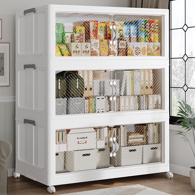 90GAL Plastic Storage Bins with Lid, 360QT Extra Large Stackable Closet Organizers and Storage, Collapsible Storage Boxes with Wheels, Folding Cabinet for Home Kitchen Office, 3Pack White