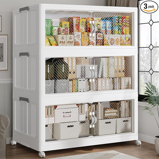 480QT Extra Large Stackable Storage Bins with Lid, 120Gal Plastic Closet Organizers and Storage Drawer, Collapsible Cabinet Box with Wheels Clear Doors for Home Kitchen Garage, 3Pack White
