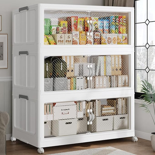 120GAL Plastic Storage Bins with Lid, 480QT Extra Large Stackable Closet Organizers and Storage, Collapsible Storage Boxes with Wheels, Folding Cabinet for Home Kitchen Office, 3Pack White