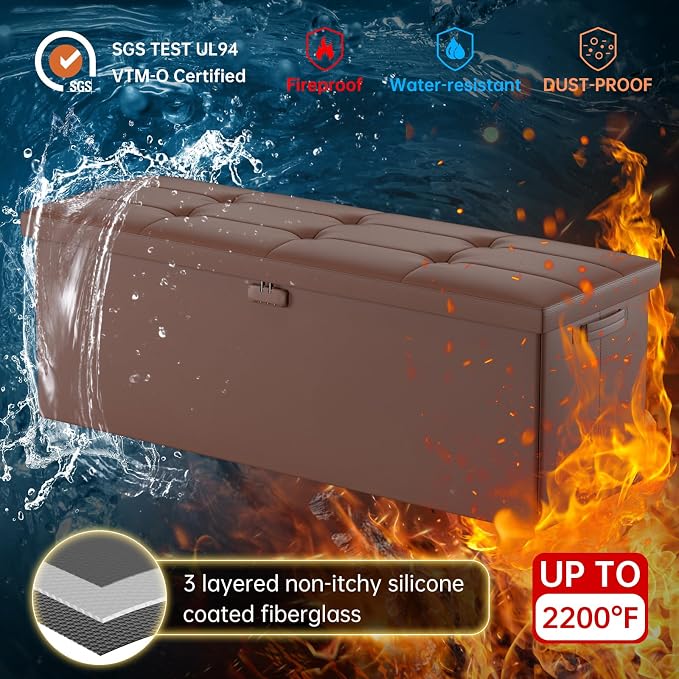 DocSafe Storage Ottoman Bench,Fireproof＆Waterproof Folding Bench with Lock(15”x 43”x15”),Leather Storage Chest with Handles＆2 Extra Boxes,Ottoman Safe for Bedroom,Living Room,Home Office,Brown