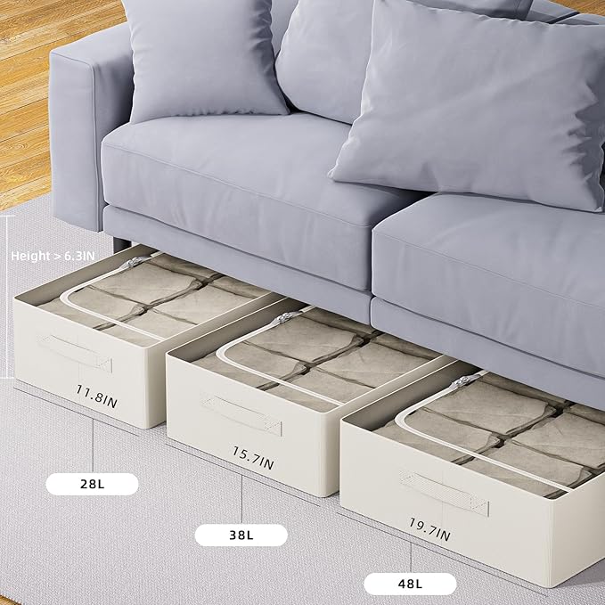 CYhom 3Pcs Under Bed Storage Bins with Metal Frame - Shoe Organizer for Closet with Clear Cover Oxford Fabric Sturdy Underbed Container Foldable Stackable Clothes Organizer (Beige, 23.5x19.7x6.3)