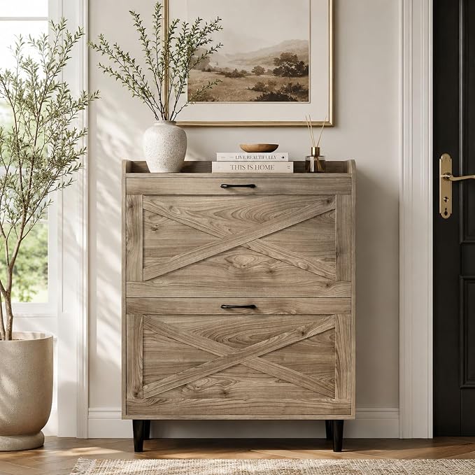 VINGLI Shoe Storage Cabinet for Entryway with 2 Flip Drawers, Ultra Slim Freestanding Entryway Shoe Organizer with Wood Tapered Legs,Hidden Closed Shoe Rack,31.6" W * 9.4" D * 39.4" H, Grey Oak