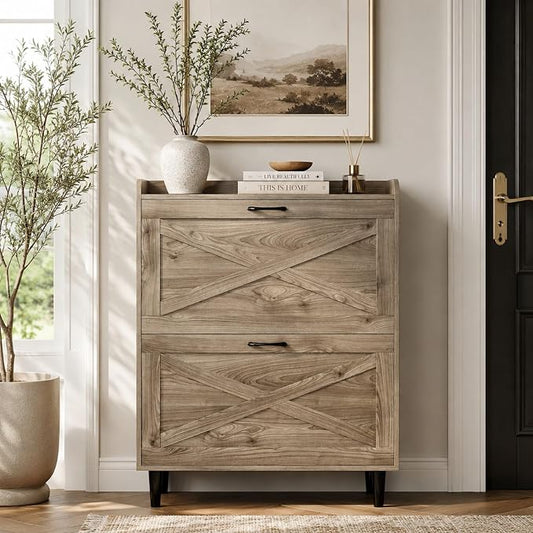 VINGLI Shoe Storage Cabinet for Entryway with 2 Flip Drawers, Ultra Slim Freestanding Entryway Shoe Organizer with Wood Tapered Legs,Hidden Closed Shoe Rack,31.6" W * 9.4" D * 39.4" H, Grey Oak