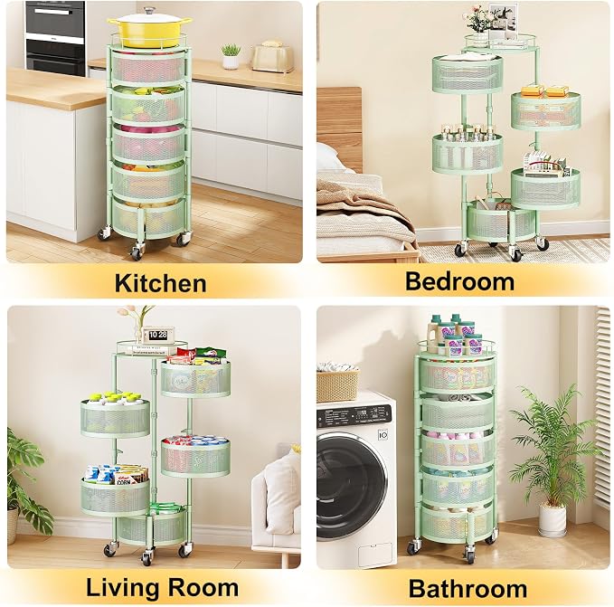 SNTD Fruit and Vegetable Basket Bowls for Kitchen with Metal Top Lid, 5 Tier Rotating Storage Rack Cart for Potato Onion Bread Banana, Wire Basket Organizer on Wheels, Large (Green)