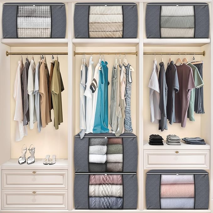 Fab totes 24 Gallons Clothes Storage, Foldable Thick Fabric Blanket Storage Bags, Containers for Organizing Bedroom, Closet, Clothing, Comforter, Organization with Handle (6 Pack,Grey)