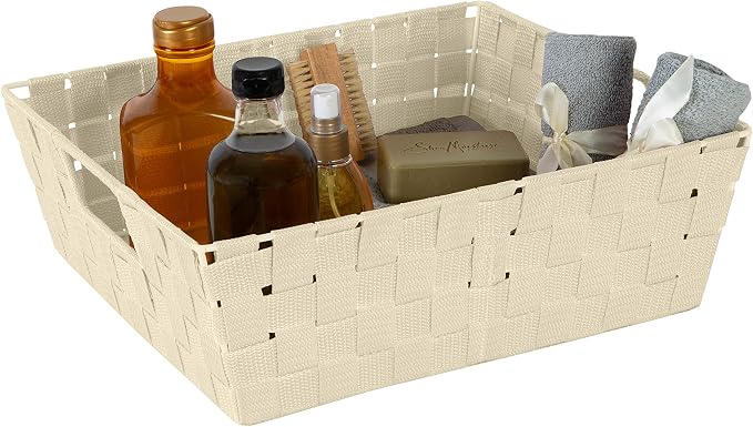Simplify Large Shelf Woven Strap Tote | Decorative Storage Basket | Built in Handles | Organization | Closet | Bedroom | Bathroom | Nursery | Accessories | Toys | Gifts | 2 Pack | Ivory