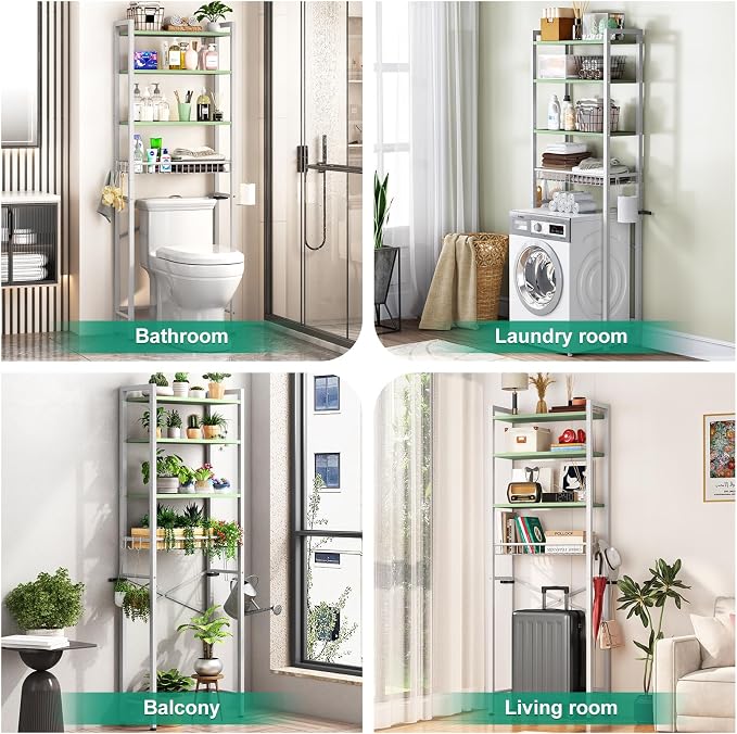 Kalrin Over-The-Toilet Storage Rack, 4-Tier Bathroom Organizer Shelf Over Toilet with Adjustable Shelf and Basket, Freestanding Space Saver Bathroom Shelves Above Toilet for Room (Avocado Green)