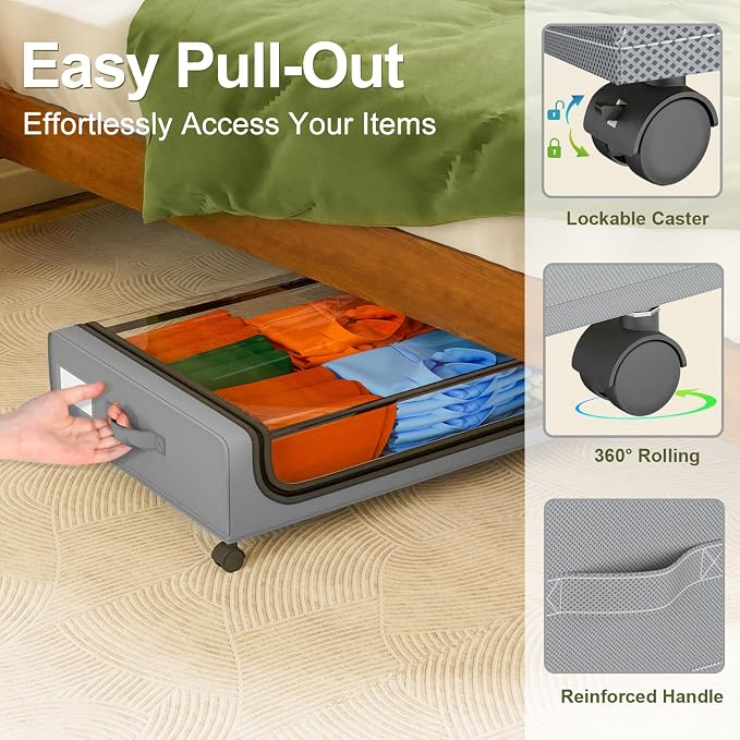 GoMaihe Under Bed Storage with Wheels 48L Grey 2-Pack | Rolling Bins for Shoes Clothes in Dorm Bedroom - Metal Drawers Easy Pull-out