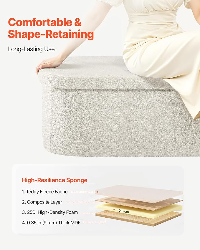 VEVOR Oval Storage Ottoman Bench, Foldable Teddy Fleece End of Bed Bench, Folding Upholstered Bed Ottoman Chest with Large Storage Space, Supports 660 lbs, for Living Room, Bedroom, Entryway, Beige