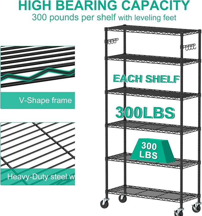 Folews 6-Tier Metal Storage Shelf with Wheels NSF Wire Shelving Unit, Black | Adjustable Storage Rack for Kitchen Garage Pantry Laundry Room, 36" W x 14" D x 75" H Rolling Shelf Organizer, Easy Assembly
