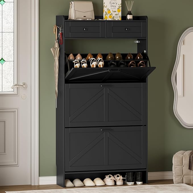 BORNOON Shoe Storage Cabinet for Entryway, Farmhouse Narrow Shoe Cabinet with 3 Flip Drawers & 2 Top Drawers, Adjustable Shelves & Hooks, Freestanding Hidden Rack Organizer for Hallway, Foyer