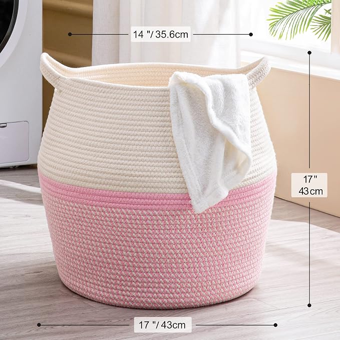 KAKAMAY Woven Baskets for Storage(17"x17"),Large Cotton Rope Woven Baby Laundry Hamper,Collapsible Laundry Basket, Blanket Basket for Organizing Living Room,Nursery,Pillows,Toy Chest(Pink)