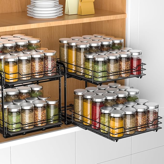 RCHYFEED 2 Tier Pull Out Spice Rack Organizer for Cabinet,9.5" Wx10.5Dx9.5H | Height Adjustable Spicy Shelf Metal Sliding Out Spice Rack Heavy Duty Vertical Spice Shelf for Inside Cabinets & Pantry