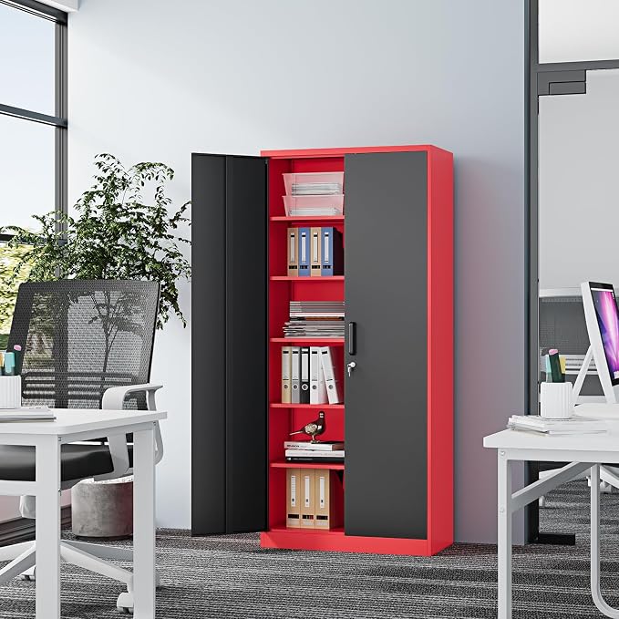 Fesbos Metal Storage Cabinet-71” Tall Steel File Cabinets with Lockable Doors and Adjustable Shelves-Black&Red Steel Storage Cabinet for Home, School, Office, Garage