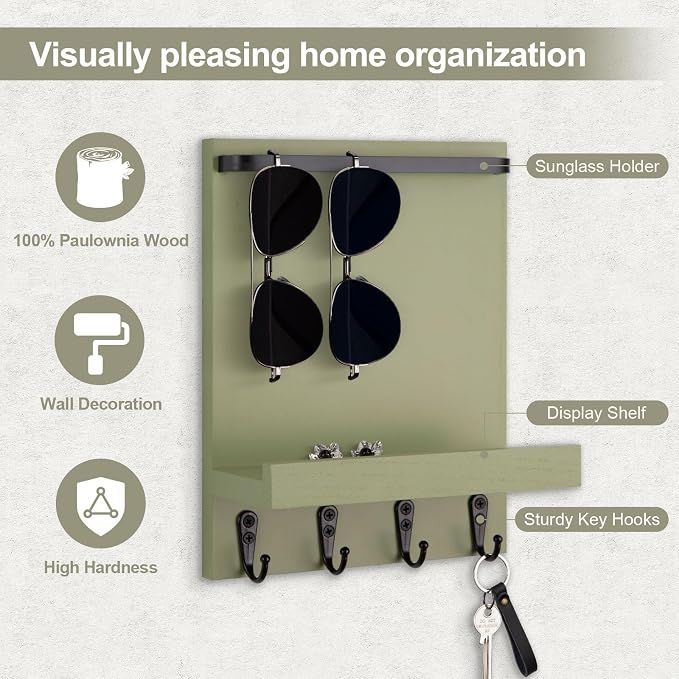 Key Holder Wall Mount, Key Holder for Wall with 4 Hooks, Farmhouse Key Hanger Holds Dog Leash, Sunglasses – Decorative Mail Organizer Home Decor