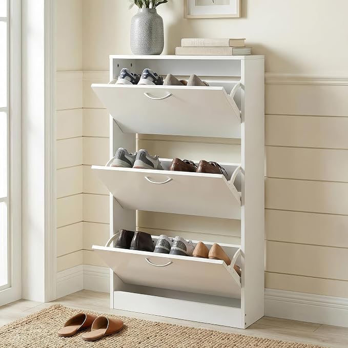 HOPUBUY Shoe Cabinet for Entryway, Narrow Shoe Storage with 3 Flip Drawers | Wood Slim Shoe Rack, 3 Tier Thin Shoe Organizer for Home and Apartment,White
