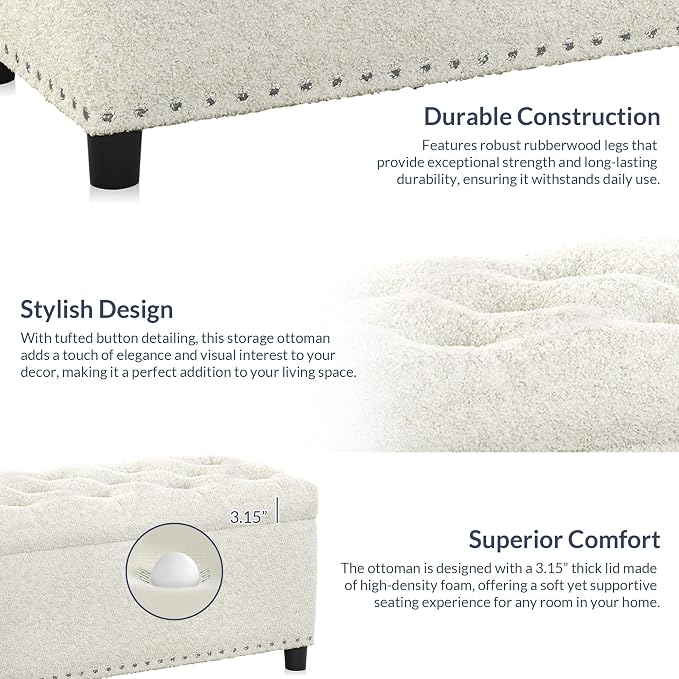 BELLEZE Storage Ottoman, Tufted Ottoman with Close Hinge, Foot Rest for Living Room (White, 47 inch)