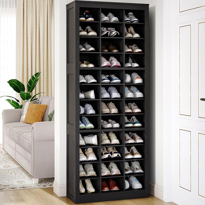 Hzuaneri Shoe Storage Cabinet, 36 Pairs Free Standing Closet Organizer, 9 inch Widened Cell Wood Shoe Organizer, 12 Tiers Vertical Space Saving Shoe Rack for Entryway, Cloakroom, Black SR20704X