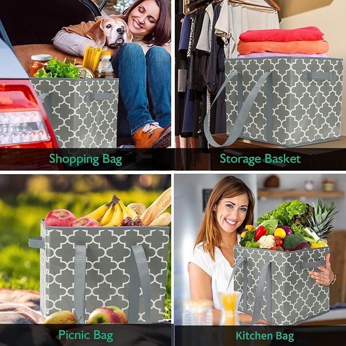 WISELIFE Reusable Grocery Bags 6-Pack Foldable Washable Storage Bins Basket Water Resistant Shopping Utility Tote Bag Grey