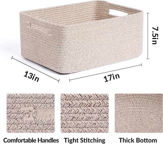 MiniArk Large Storage Baskets for Shelves, 17 x 13 x 7.5” Closet Organizers Bins for Clothes Blanket Towels, Baby Nursery, Toy Baskets Box, Woven Rope Baskets, 3 Packs Mixed Brown