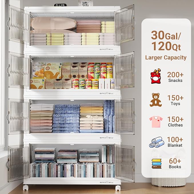 BROVIEW 480Qt Stackable Storage Bins with 4 Lids, Front and Side Open Doors, Plastic Collapsible Closet Organizer and Storage Cabinet, Foldable Box with Wheels Drawer for Home Office, 4Pack White