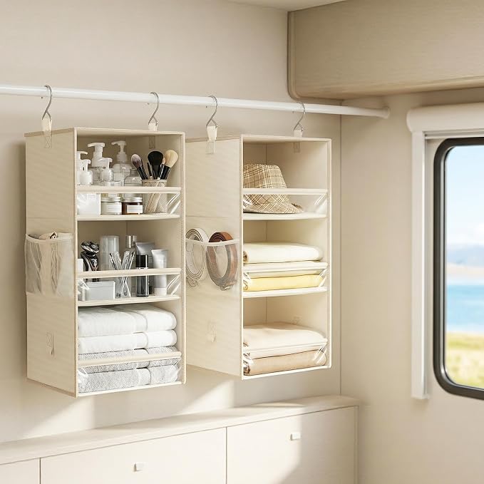 STORAGE MANIAC 6-Shelf Hanging Closet Organizer and Storage, 2 Separable 3-Shelf Haning Organizers for Closet, Collapsible Hanging Shelves Wardrobe Organization, College Dorm Room, Nursery, Beige