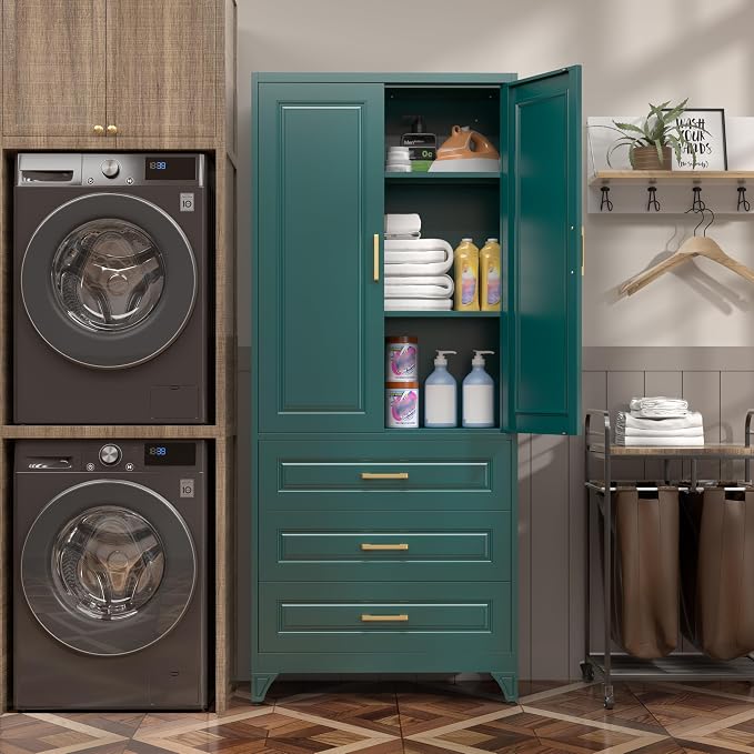 SteeLoong 75" Metal Storage Cabinet with Doors and 2 Adjustable Shelves | Kitchen Pantry Cabinet with 3 Drawers,Green Kitchen Cabinet with 2 Gold Handles,Food Cupboard for Livingroom,Pantry, Bathroom